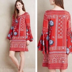 Vanessa Virginia Anthro red bell sleeve silk dress